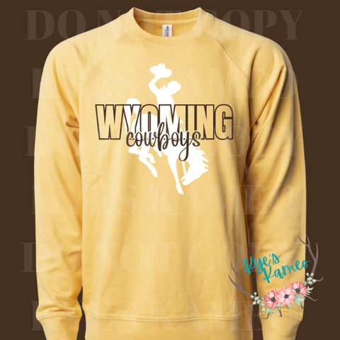Wyoming Cowboys Crewneck with Steamboat- Harvest Gold