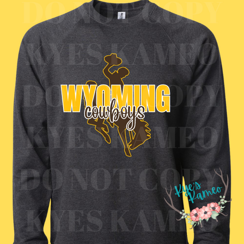 Wyoming Cowboys Crewneck with Steamboat- Charcoal Heather
