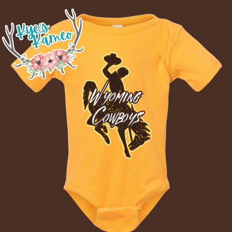 Wyoming Cowboys- Distressed Steamboat Gold Onesie