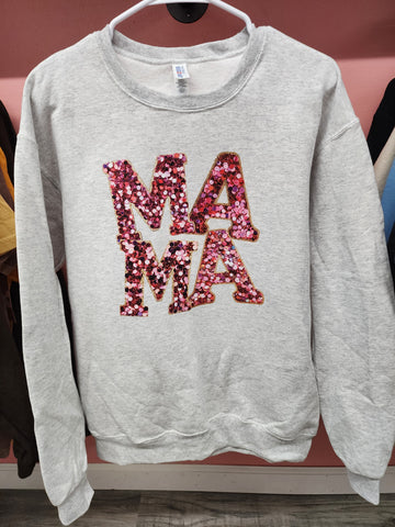 Mama Faux Sequin Crewneck Sweatshirt- Ash Grey-Medium