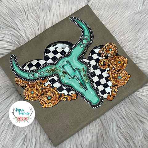 Turquoise Bull Skull and Checkered Hearts Tee
