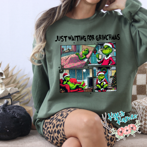 Just Waiting for Grinchmas- Military Green Crewneck