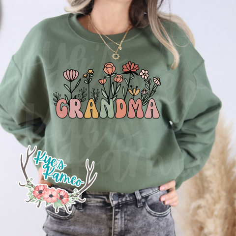 Grandma Flower Crewneck- Military Green