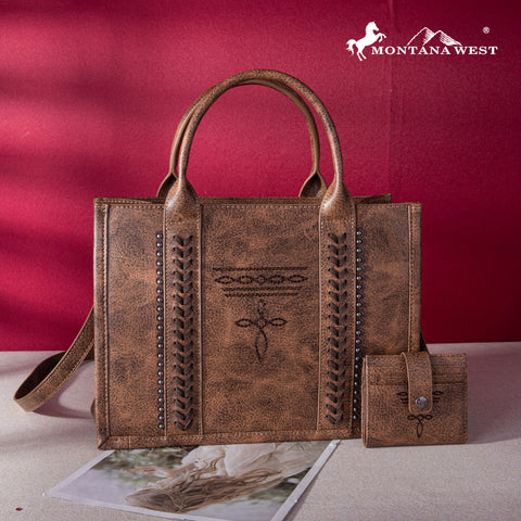 Montana West Whipstitch Concealed Carry Tote With Matching Bi-Fold Wallet - Coffee