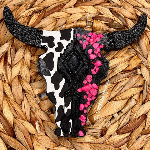 Cow Print Pink Bull Skull Car Freshie: Leather and Lace
