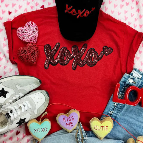 PREORDER XOXO Red Sequin Patch Tee or Crewneck