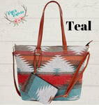 Western Weekend Tote Bag with Pouch- Teal