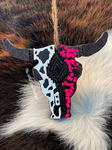Cow Print Pink Bull Skull Car Freshie: Leather &Lace