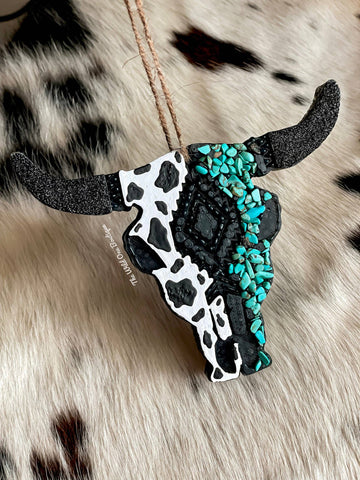 Cow Print Turquoise Bull Skull Car Freshie: Leather &Lace